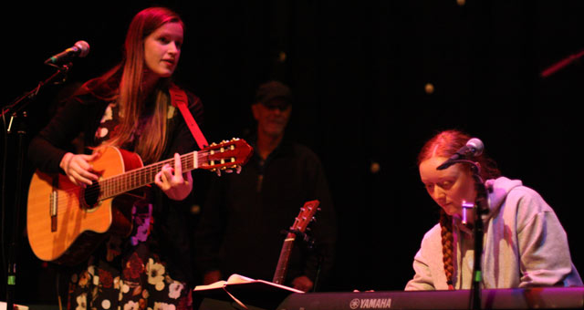 Maaike Siegerist, Geoff Peel and Rosie Bans on stage at Birnham Arts Centre.