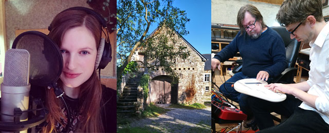 Three photos: Maaike behind a microphone, exterior view of the studio, James and Jonni making spacey sounds